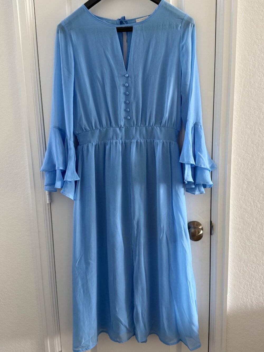 Eva Mendes NY & Co Womens Blue Midi Dress With Ruffle Sleeves Button Front & Tie